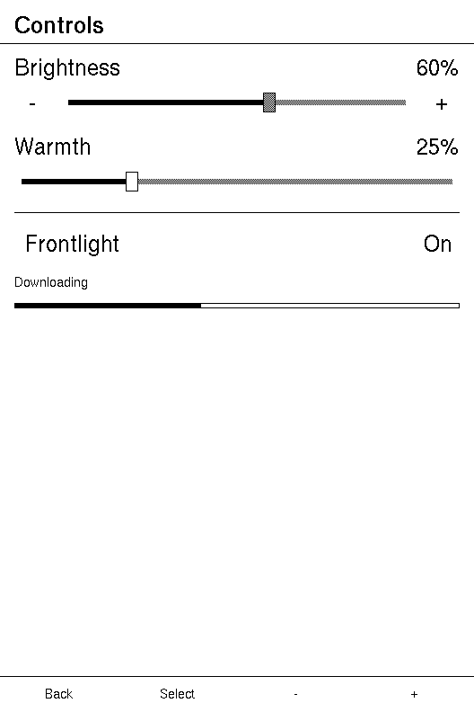 The controls screen: brightness and warmth steppers, and a frontlight toggle